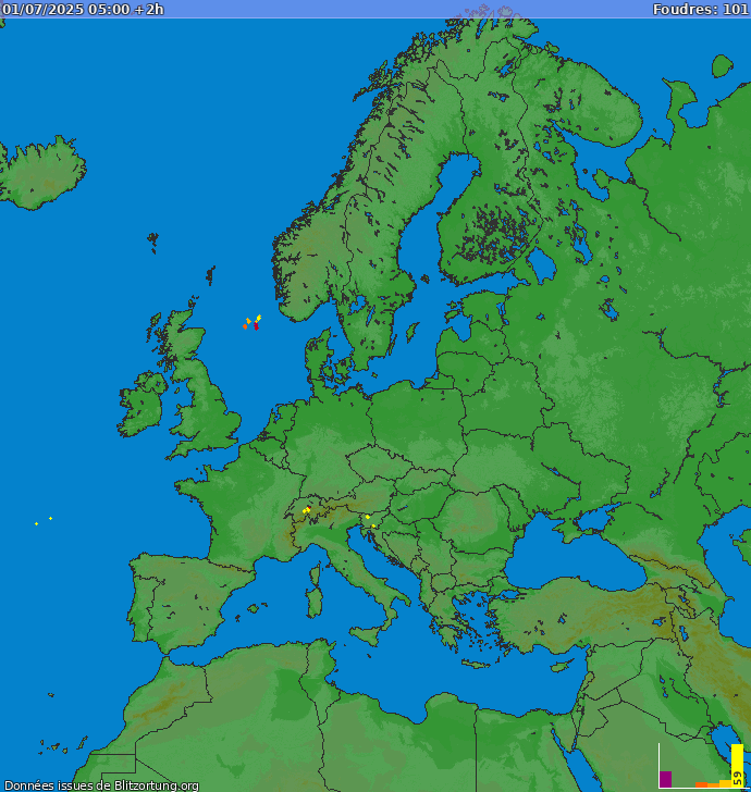 Carte des orages Europe 01/07/2025 (Animation)
