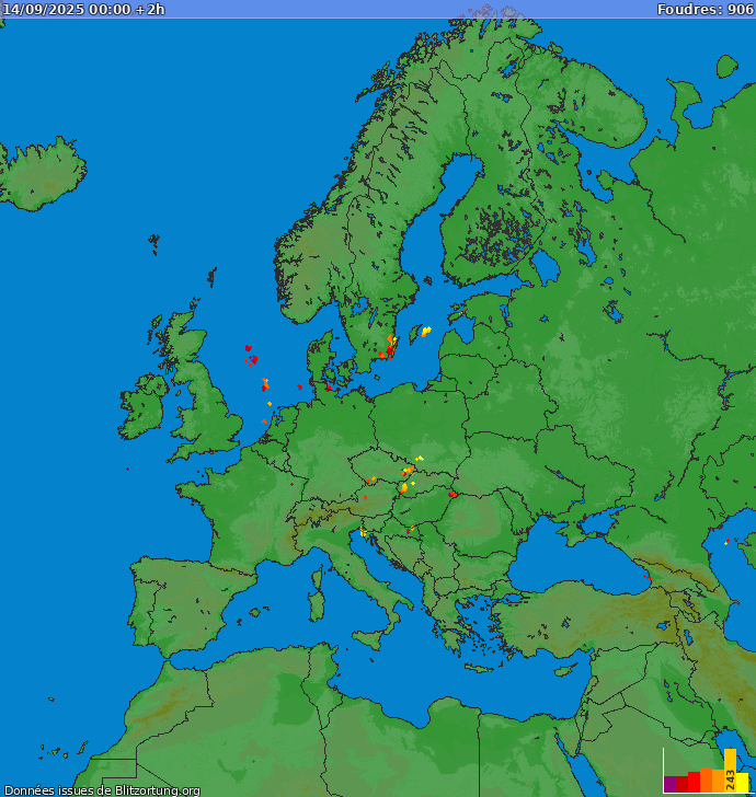 Carte des orages Europe 14/09/2025 (Animation)