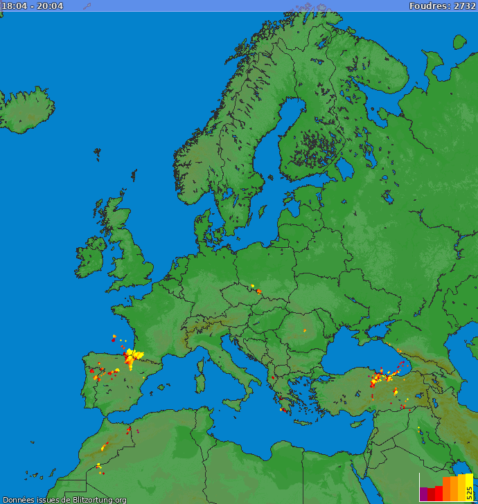 Carte des orages Europe 25/04/2024 13:04:52