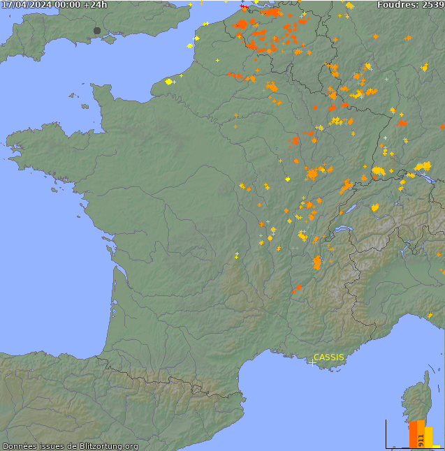 Mappa dei fulmini Francia 17.04.2024